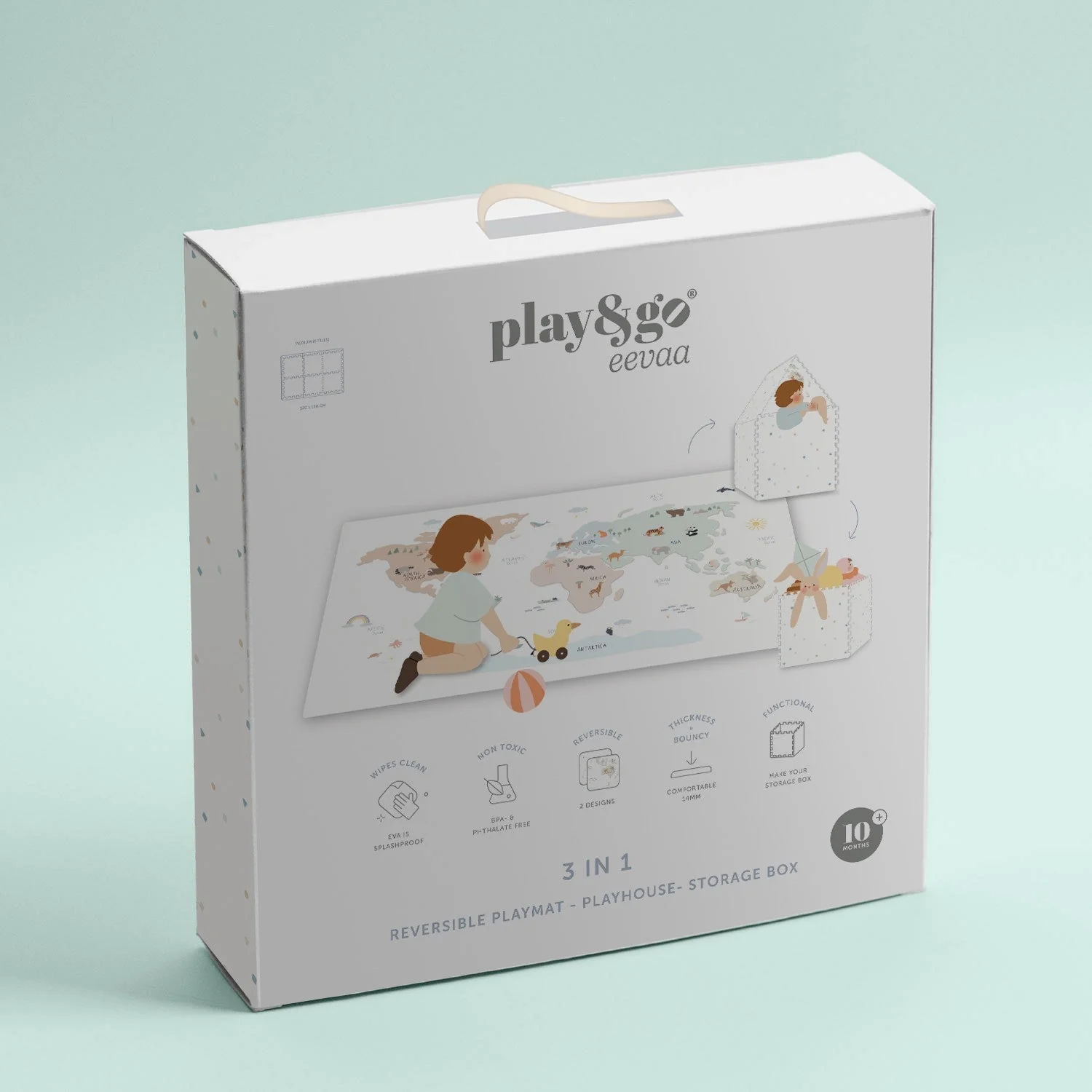 Play & Go EEVAA 2-In-1 Speeltapijt Puzzelmat & Opbergbox | Wereldkaart Kleur 120x180cm - Image 11